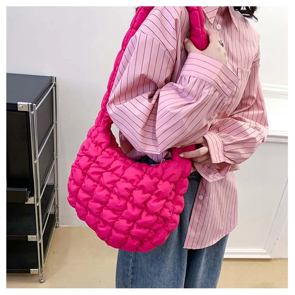 

Women Plaid Quilted Pendant Crossbody Bag Ruched Solid Shoulder Bag Korean Bubble Embroidered Cotton Satchel Bags Underarm Bag