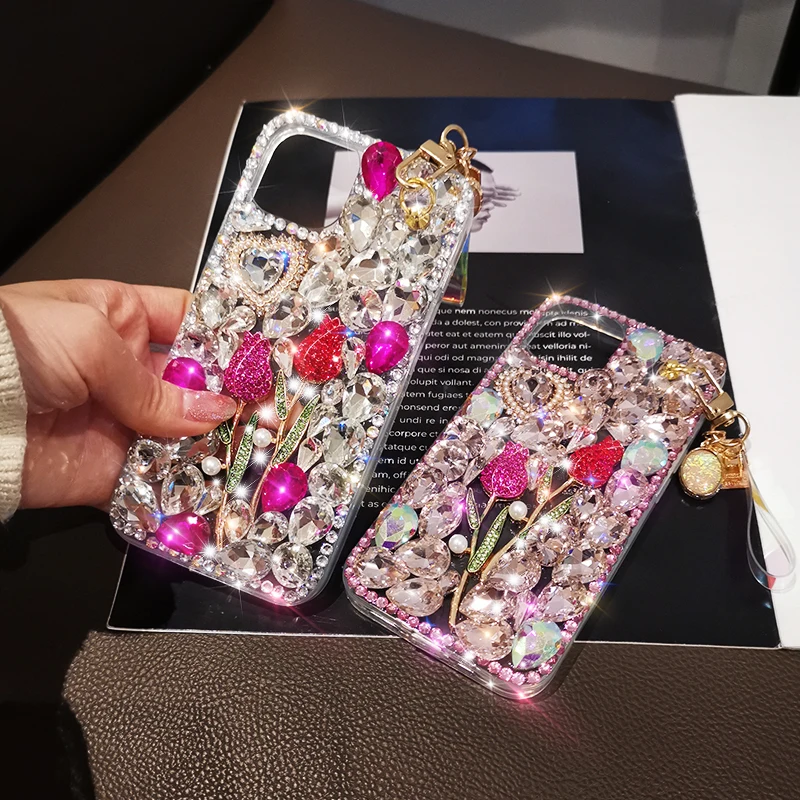 Rose Rhinestone Pendant Case for IPhone 11 12 13 Pro Max Phone Case Cover for Iphone 11 Cases for Women Phone Protective Cover