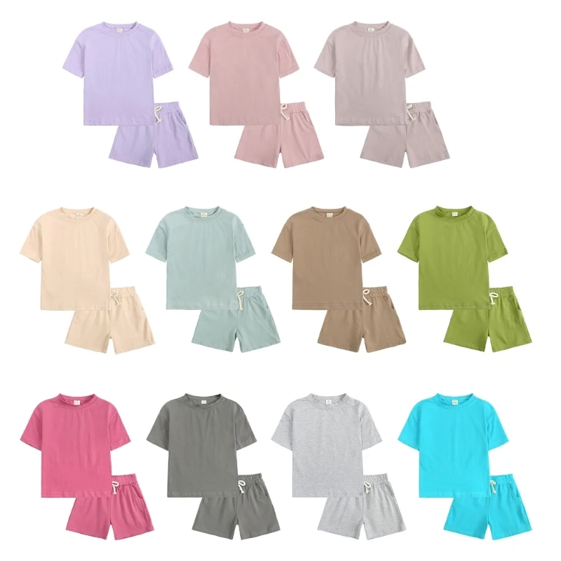 

Летняя одежда для малышей, костюм для малышей, футболка с коротким рукавом и круглым вырезом и шорты для мальчиков и девочек, рубашка и брюки 2 в 1, повседневная одежда