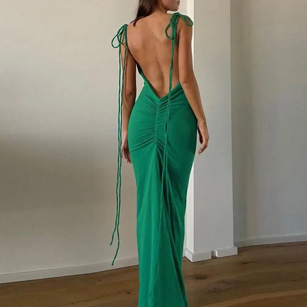

Spaghetti Straps Maxi Long Dresses For Women 2022 Backless Bandage Club Bodycon Dress Sexy Pleated Hip Backless Evening Dress