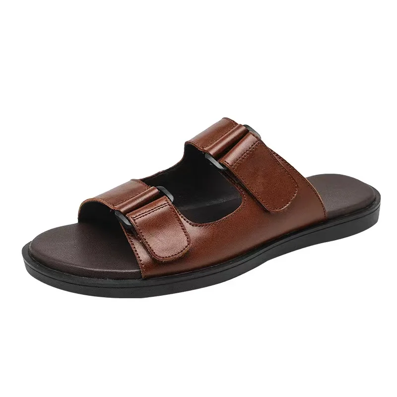 High Quality Summer Men's Scalp Cowhide Leather Slippers Man Two Buckle Slides Footwear Non-slip Beach Shoes For Male Size 38-44