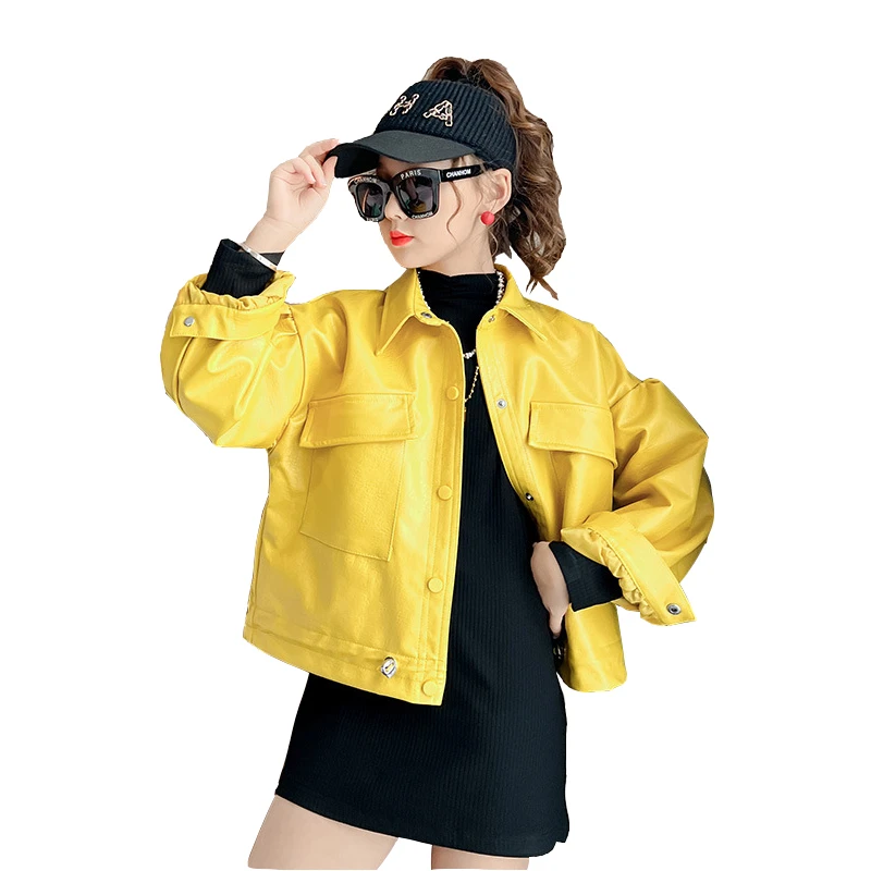 

Toddler Girl Leather Jacket Fashion Motorcycle Leather Jacket for 1-14years Girls Cool Yellow PU Jacket Leather Clothes