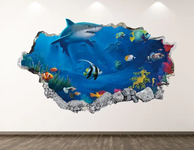 

Shark Wall Decal - Aquarium Animal 3D Smashed Wall Art Sticker Kids Room Decor Vinyl Home Poster Custom Gift KD130