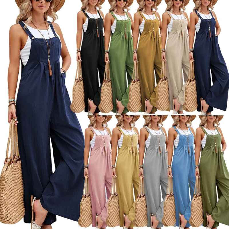 

Solid Color Casual One-piece Loose Wide-leg Long Bib Pants