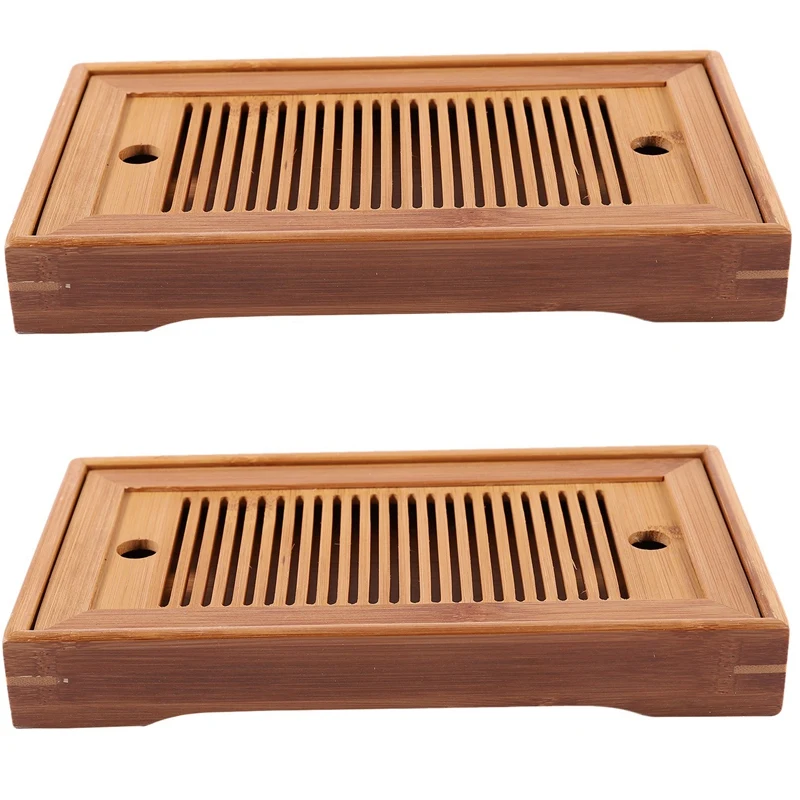 

2X Bamboo Tea Trays Kung Fu Tea Accessories Tea Tray Table with Drain Rack 25X14X3.5cm Chinese Tea Serving Tray Set