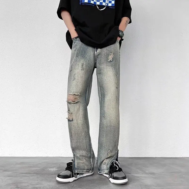 Men's Clothing Ripped Blue Jeans Zip-up Men's Jeans Hip Hop Streetwear Men's Jeans Aesthetic Y2k Men's Jeans Streetwear Men