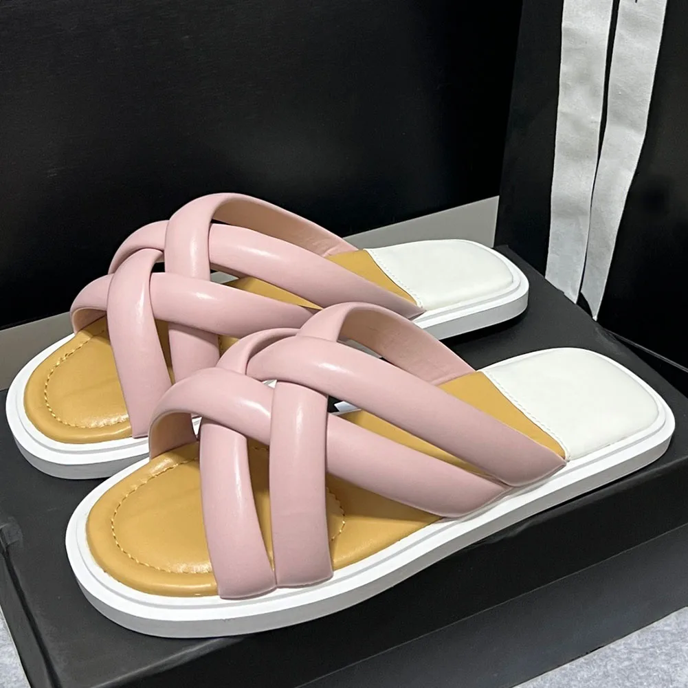 Top Quality 2023 Summer Women's Casual Open Toe Padded Genuine Leather Slides Leisure Flat Shoes Outside Slippers Summer Sandal