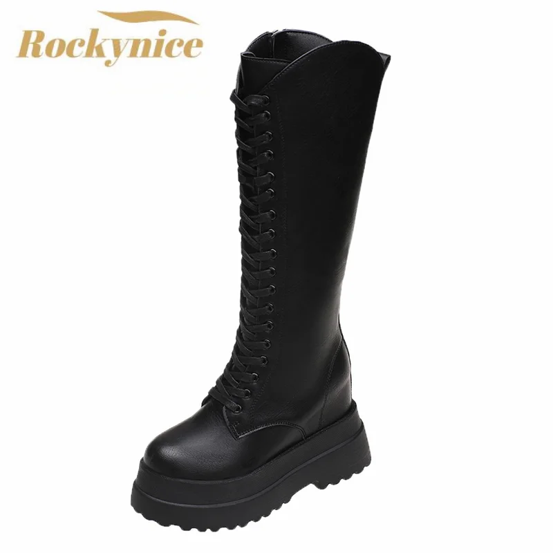

Women's Knee High Boots Lace-up Female Winter Warm Long Boots Chunky Platform Ladies Leather Casual Shoes Motorcycle Boots 11CM