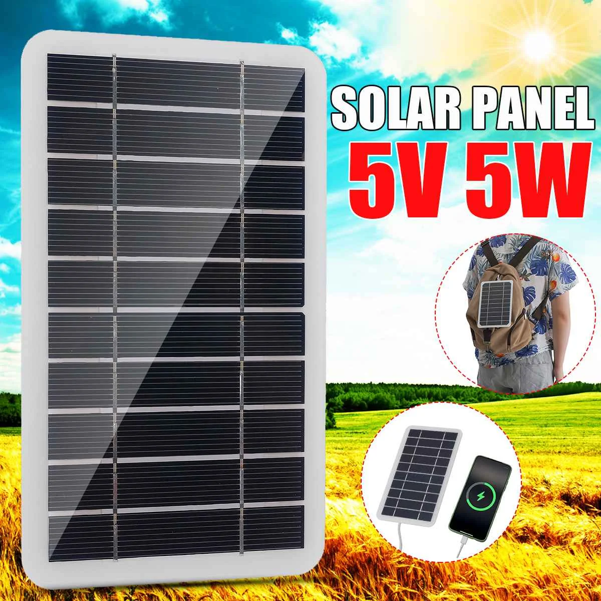 

5W Solar Panel 5V Monocrystalline Silicon Solar Cell DIY Cable Waterproof Outdoor Rechargeable Power System For Phone Charging
