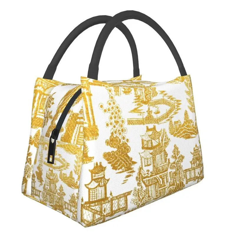 

Golden Pagoda Chinoiserie Insulated Lunch Bags for Women Vintage Oriental Willow Pattern Portable Thermal Cooler Food Lunch Box