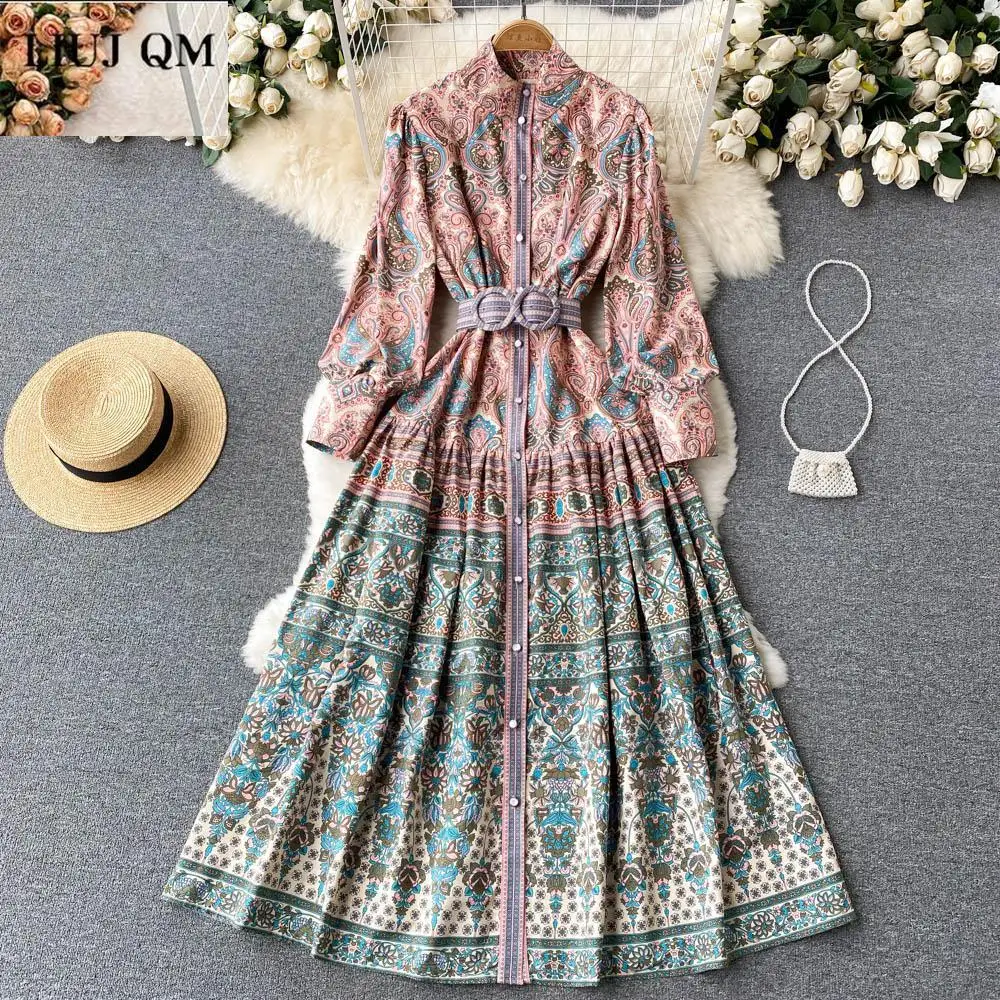 

High Quality Vintage Print Maxi Dress Women Spring Autumn New Stand Collar Long Sleeve Single Breasted Luxury Party Dresses 2022