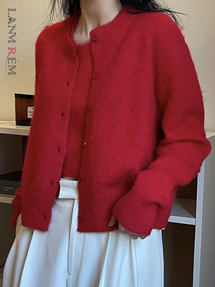 

LANMREM вязаный кардиган, короткий свитер, круглый вырез, длинный рукав, однотонные Свободные повседневные топы, осенне-зимняя модная одежда ...