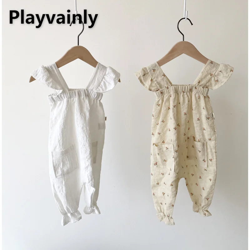 

Korean Style New Summer Baby Girl Thin Rompers White Beige Square Collar Flare Sleeve Jumpsuit Toddler Casual Clothing E0A481