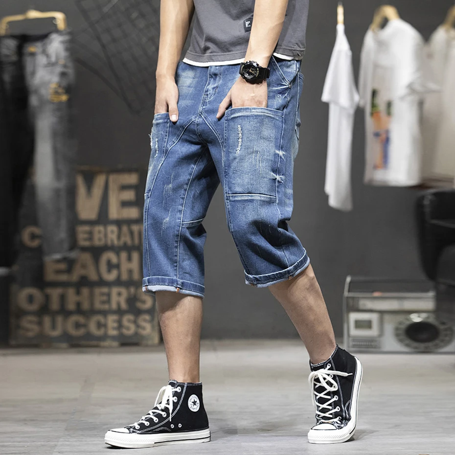 Streetwear Jeans Men Denim Pants Summer Calf-length Jeans Male Cargo Pants Fashion Short Pants Plus Size 40 Baggy Bottoms