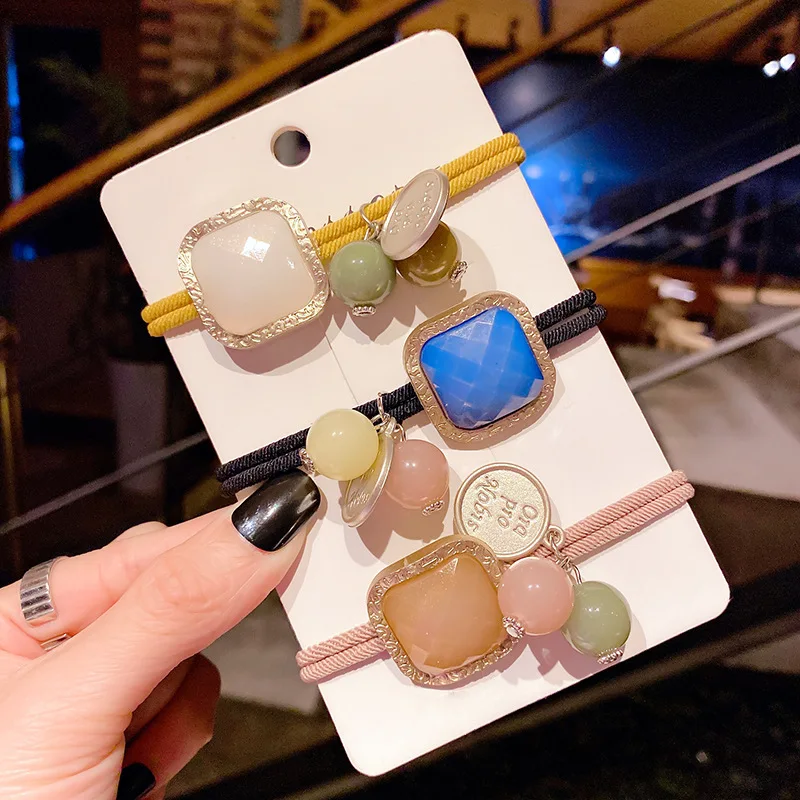 

3PCS Fashion Crystal Rhinestone Hair Rope Female Rough Tie Ponytail Ins Hair Ring Net Red Tie Simple Hair Rope