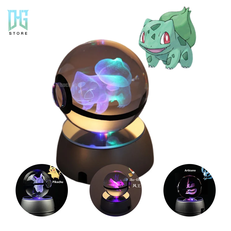 

3D Pokemon Crystal Ball Pikachu Figure Pokeball Engraving Crystal Charizard Model with Led Light Base Cute Anime Christmas Gift