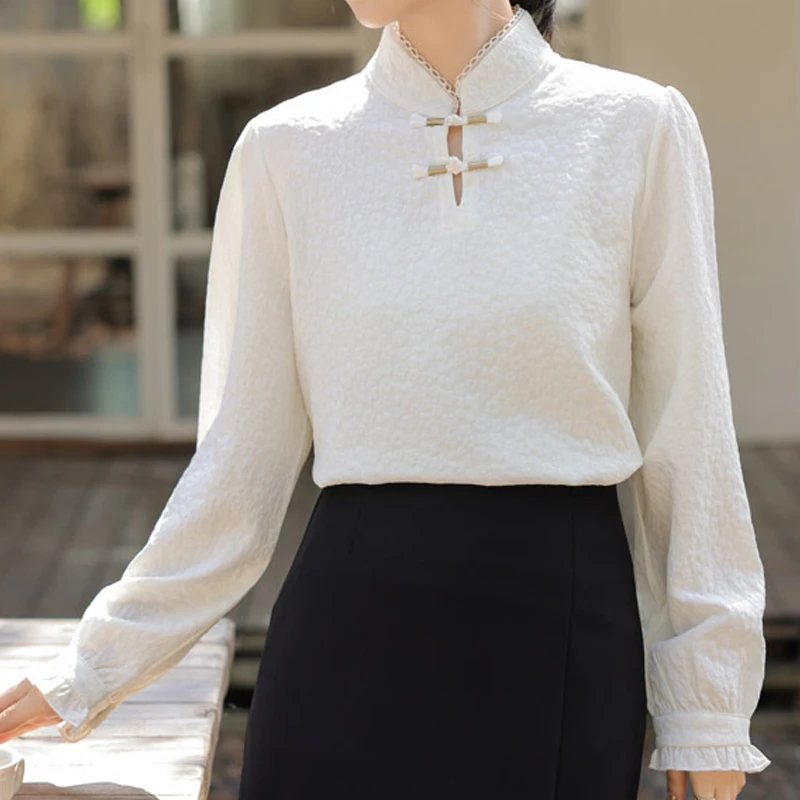 Женская жаккардовая блузка с длинным рукавом и стоячим воротником