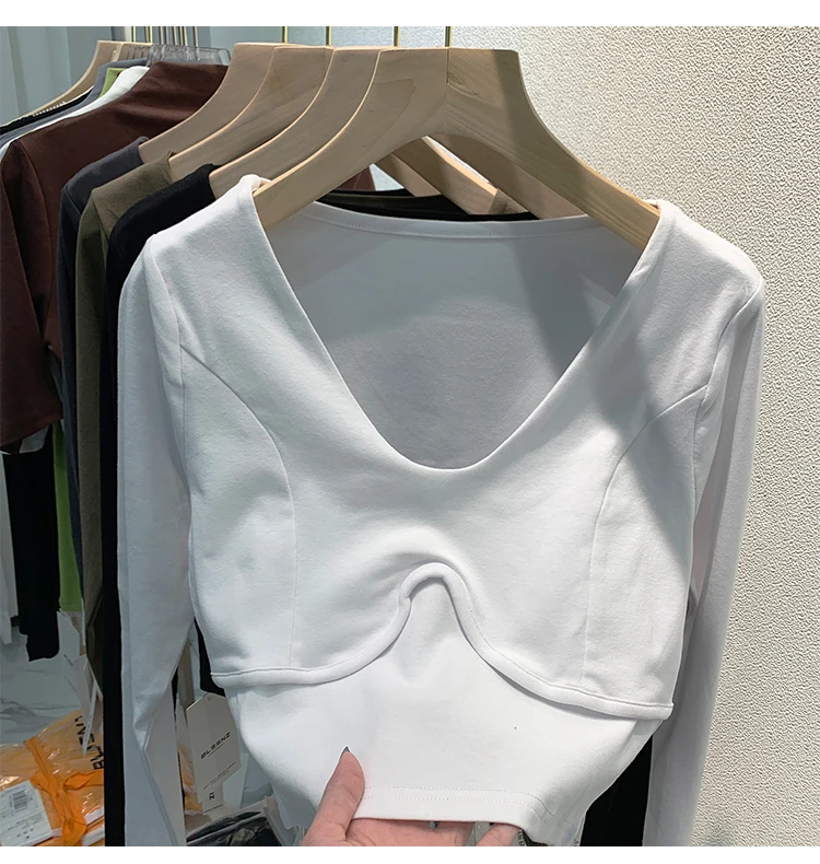 

Футболка han из чистого хлопка с V-образным вырезом, женская рубашка с длинными рукавами для ранней осени 2021, короткий топ, женский дизайн sense