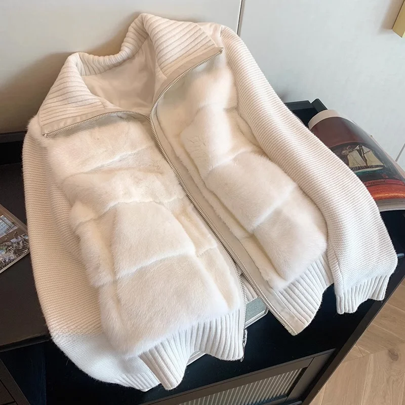 Фото Женская зимняя куртка Shang из имитации норки с пэчворком, вязаная, новая модная коллекция 2026, короткая теплая хлопковая куртка №2