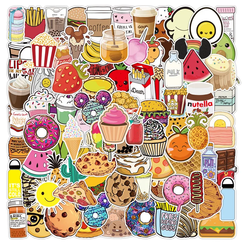 100Sheets Non-repetition Food Refreshment Stickers Laptop Suitcase Skateboard Guitar Phone Cartoon Stickers Kid Gift Toys