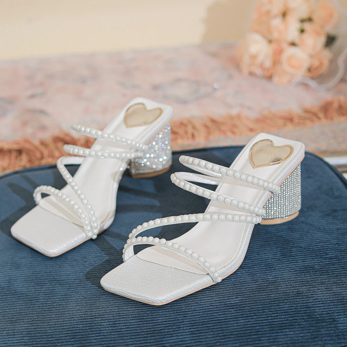 Xibeilove 2023 Summer Women Fashion Luxury Square Headed Beaded Heart Shaped Rhinestone Mid Heel Slippers Wedding Bridal Shoes