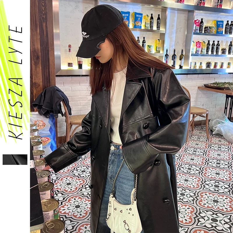 

New Chic Women PU Leather Jacket Black Oversized Midi Faux Leather Notched Trench Coats for Ladies Female Outwear
