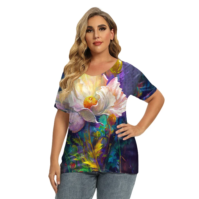 

3D Floral T-Shirt Plus Size Short Sleeve Women Tops Summer Streetwear Tops 4XL 5XL Lady V-Neck Tops Fashion Clothes 2022 New