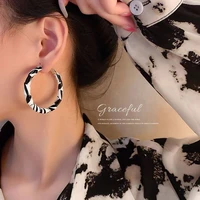 hong kong style black and white striped leather hoop earrings ladies fashion square zebra stripe earrings jewelry