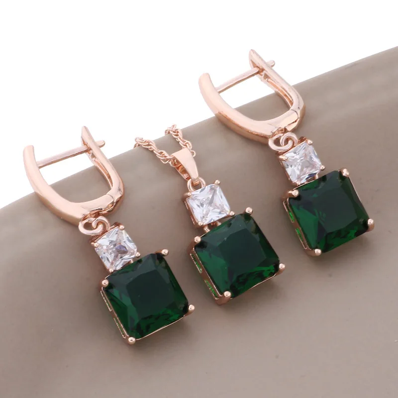 

New Trend Luxury Quality Square Natural Zircon Dangle Earrings Sets for Women 585 Rose Gold Color Wedding Jewelry Sets