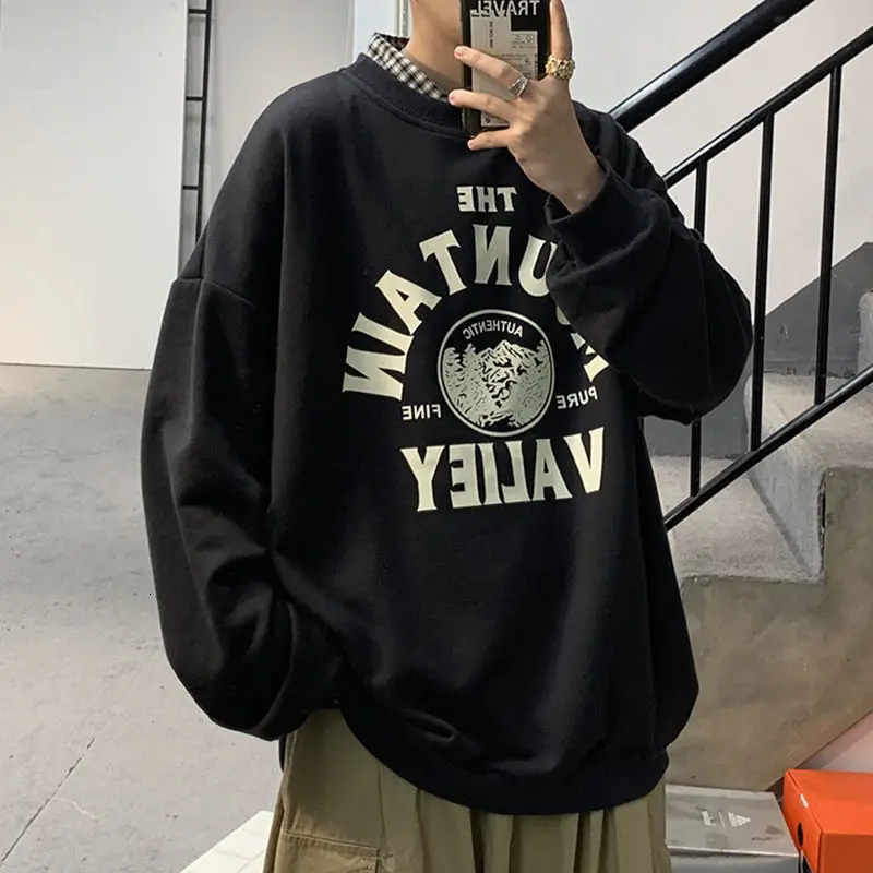 

Korean Men's Oversized Sweatshirts Graphic Printed Man Casual Hoodies 2022Winter Fleece Male Loose Pullovers Tops