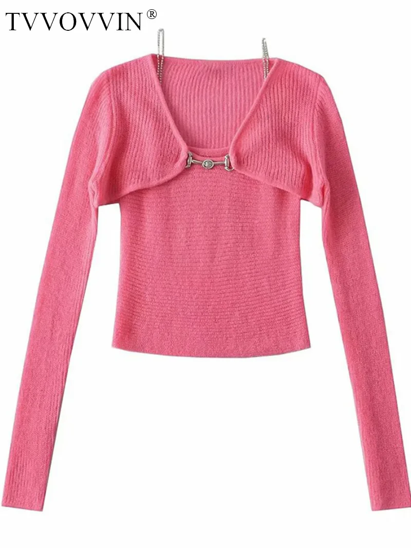 

TVVOVVIN Knitted Cardigan For Women Autumn Slim Short Tank Tops Sweater Sweet Fashion Women Tops Korean Pink Red Fashion J8WA