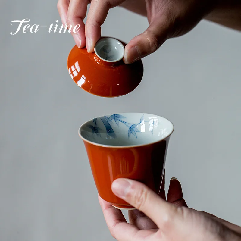 

100ml Hand-painted Bamboo Tea Tureen Retro Coral Red Hand Grab Bowl Tea Maker Anti-scalding Gaiwan Kung Fu Teaware Set Gift Box