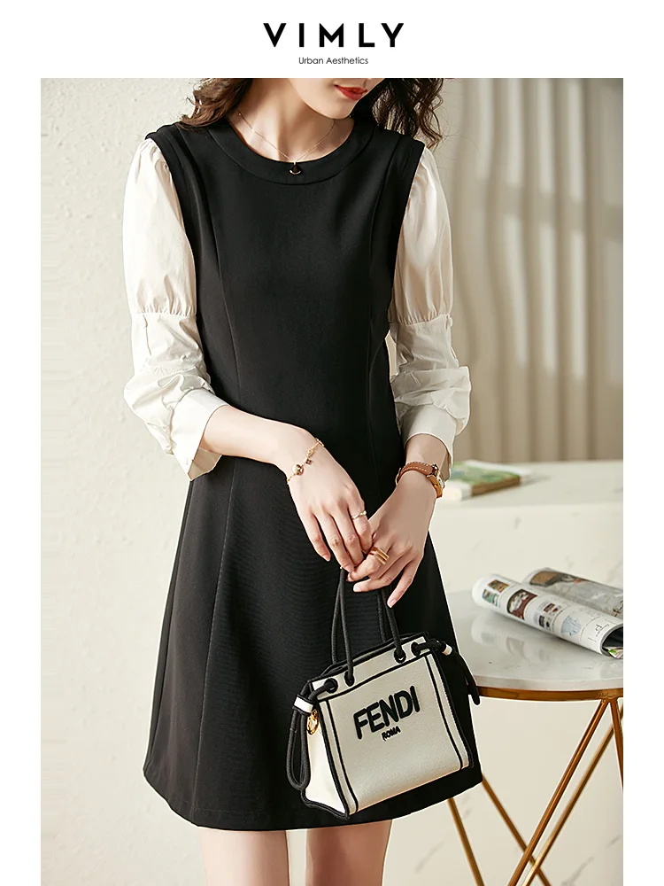 

Vimly Patchwork Black Dress for Women 2023 Three Quarter Lantern Sleeve Contrast A Line Female Elegant Dresses Autumn V1562