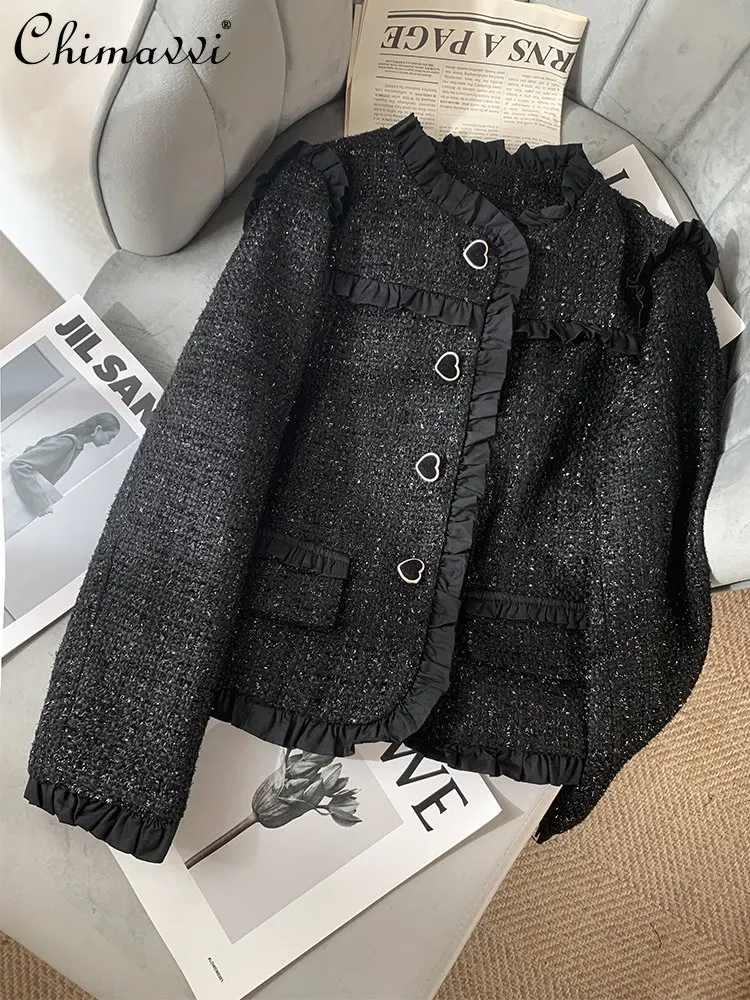 

2022 Autumn New Fashion Tweed Black Coat Women's Light Luxury Loose Slimming Commuting Socialite Short Elegant Classic Jacket