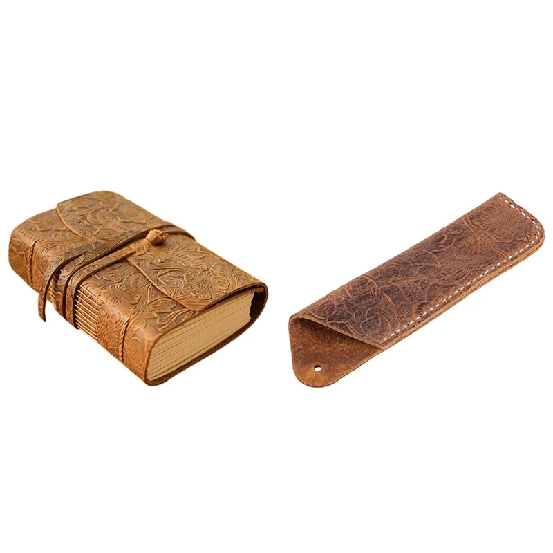 

1 Pcs Handmade Leather Double Pen Case Holder Brown & 1 Pcs 400P 165X115x40mm Blank Paper Sketchbook