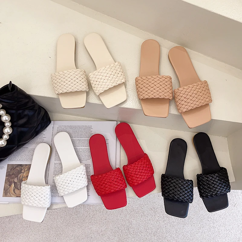 

Women Square Toe Flat Slippers Beach Sandals Women's Casual Flip Flops Woman Weave Shoes Ladies Female Slides Fashion Slipper