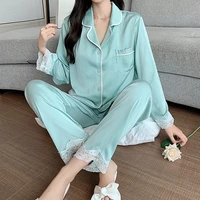 luxury pajamas womens winter pajamas 2 pieces sets lace nightgown satin suits silk two piece chic womens suits blue color