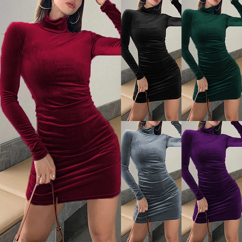

Women Clothing Solid Color Slim-fit High-neck Fold-down Suede Fold-down Dress Bodycon Mini Dress Turtleneck Casual