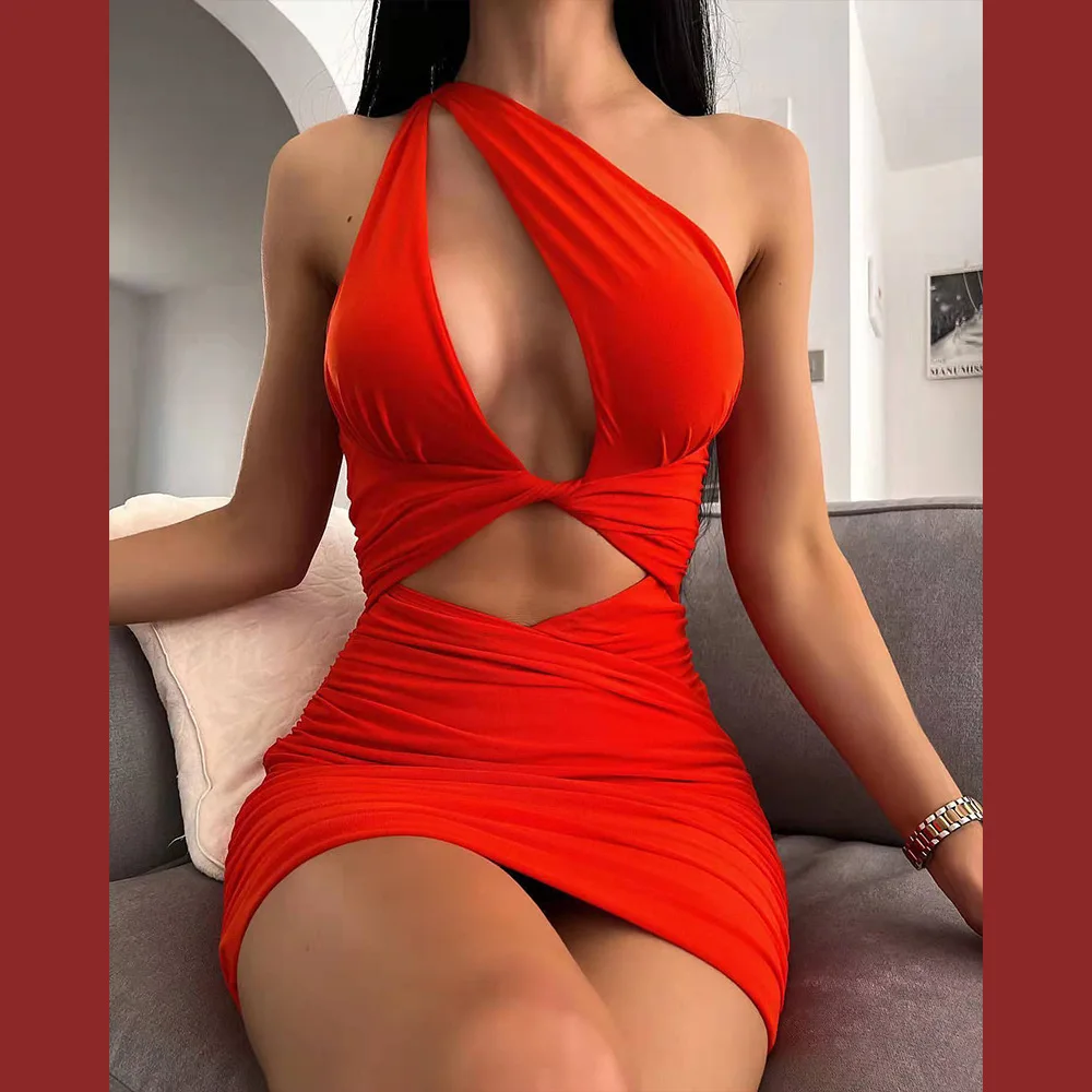 

Красное Облегающее платье без рукавов с диагональным вырезом, пикантное мини-платье с открытой спиной и высокой талией, женские облегающие ...