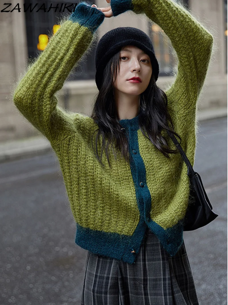 

Винтажный кардиган контрастных цветов, вязаные пальто на пуговицах, свитер в стиле Харадзюку с длинным рукавом, куртки, элегантная женская ...