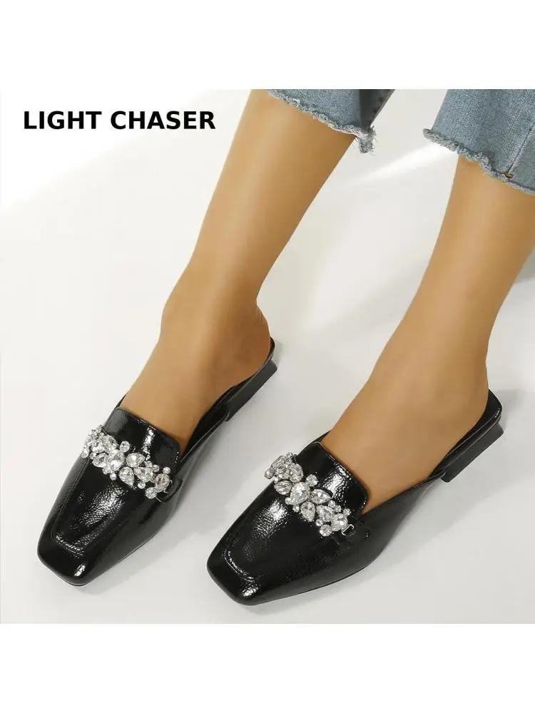 2022 Spring And Summer New Square-toe Low-heeled Muller Shoes Fashion Rhinestone Half Slippers Women's Casual Flat Shoes 41 42