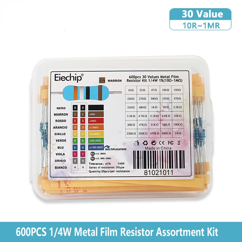 600/300Pcs/box  Resistor Assorted Kit 1/4w Metal Film30 Values Resistance Set Pack 10 Ohm - 1m Ohm 1% 0.25w Set Of Resistors