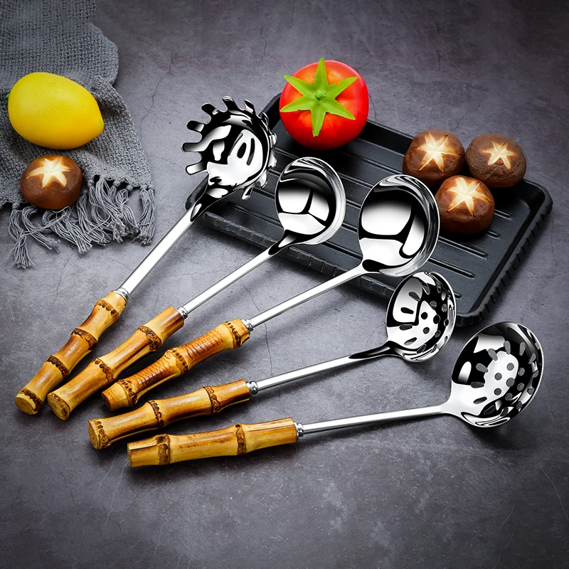 

Metal Colander Stainless Steel Spoon Noodle Spoon Colander Bamboo Handle Practical Pasta Tools Soup Scoop Kitchen Accessories