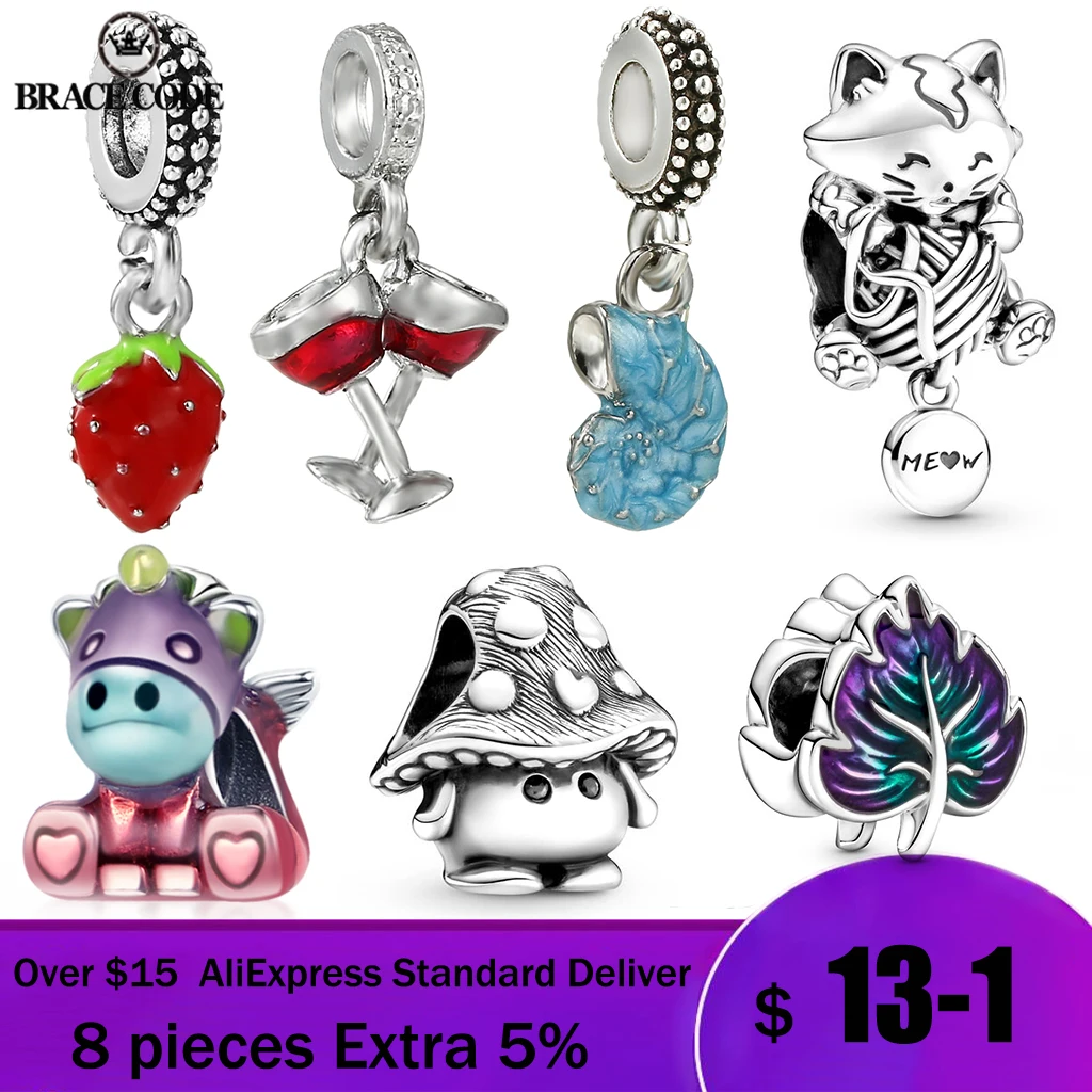 

HOT SALE New Red Strawberry Kitten and Unicorn Mushroom Charm Fit Original 3mm Bracelet&Bangle Making Fashion DIY Jewelry