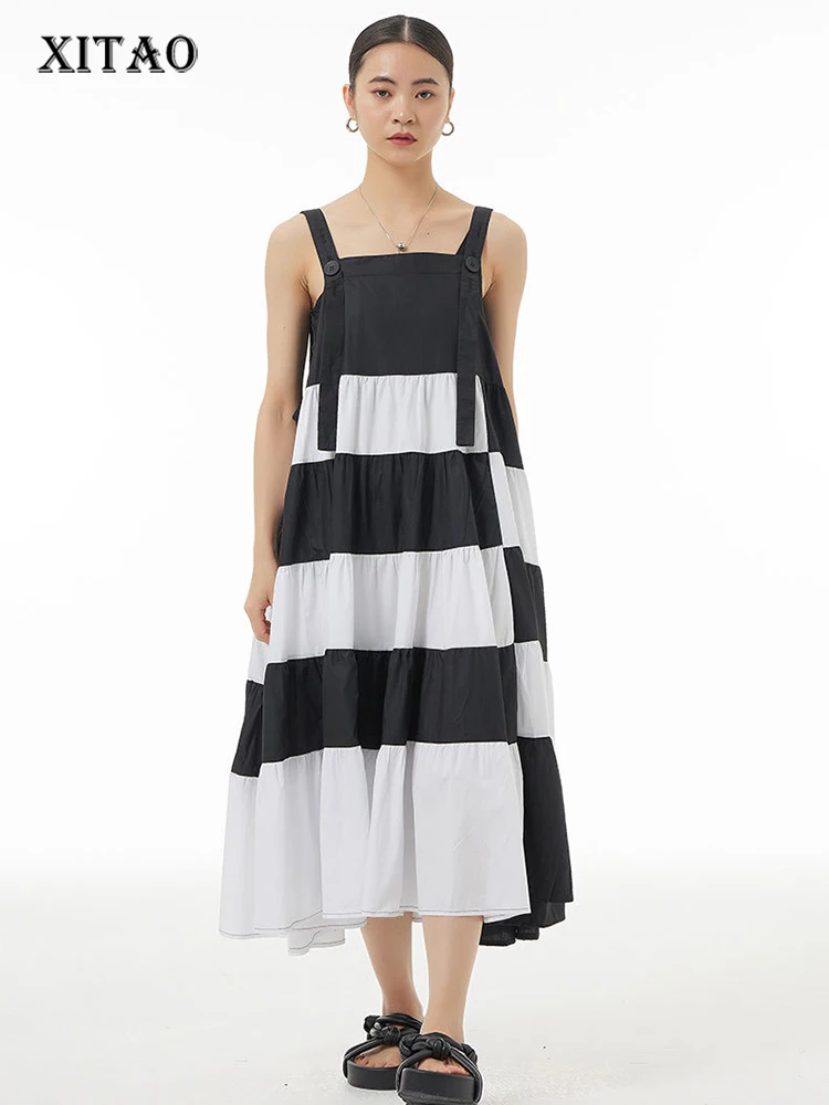 

XITAO Patchwork Contrast Color Sling Loose Casual Dress 2023 Women Appear Thin Pleated Summer New Arrival Strap Dress DMJ1501