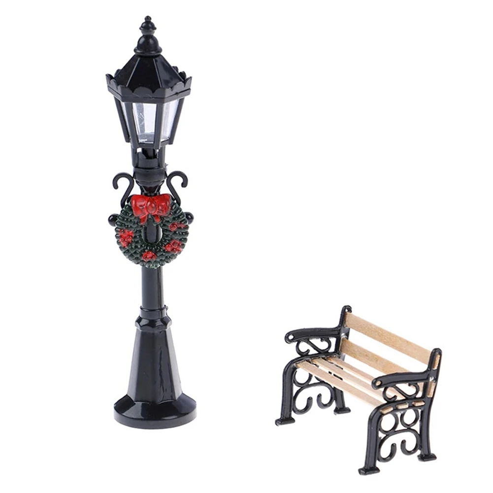 

2Pcs 1/12 Dollhouse Miniature Christmas Park Street Lamp & Bench Doll Garden Decor Garden Furniture Miniature Decor Toy