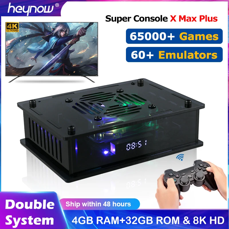 HEYNOW 4K HD Retro Video Game Consoles Super Console X Max Plus 65000 Classic Game Dual System S905X3 WiFi For SS/PS1/PSP/N64/DC