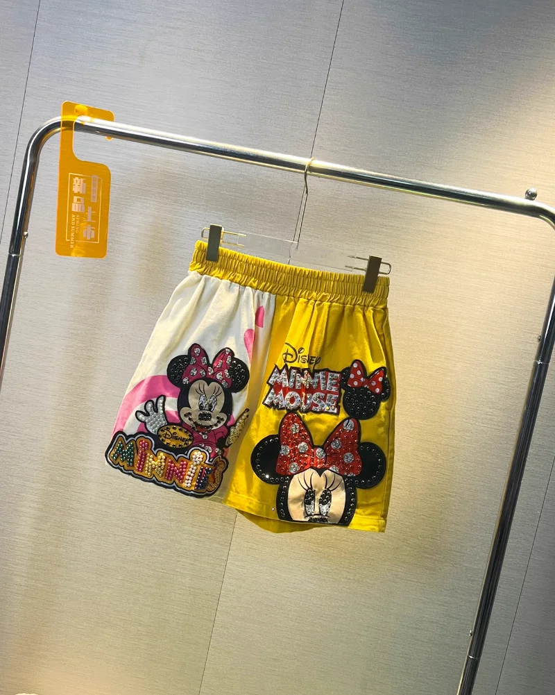 European Style 2023 Summer Fashion Heavy Industry Cartoon Beaded High Waist Shorts Women's Loose Slimming Wide Leg Short Pants