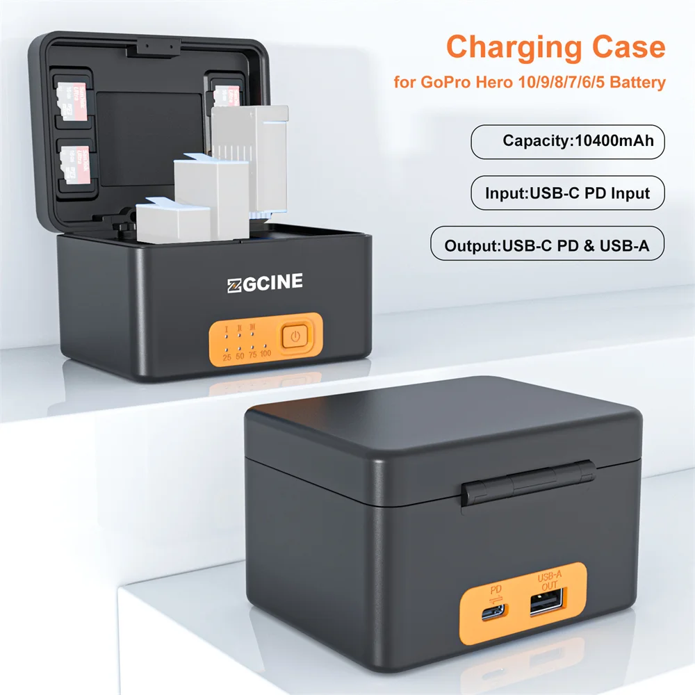 

ZGCINE PS-G10 10400mAh For GoPro 10 9 Battery Charger Box Smart Charging Case Power Bank 3 TF Card Reader Battery Storage