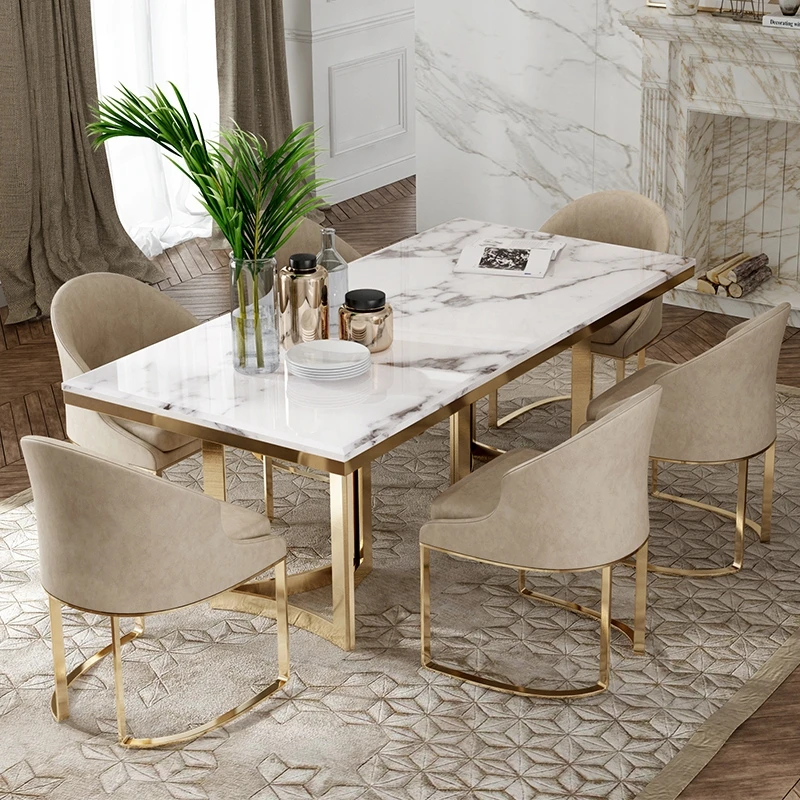 

Italian Luxury Natural Marble Dining Table Electroplated Stainless Steel Metal Base Dining Table